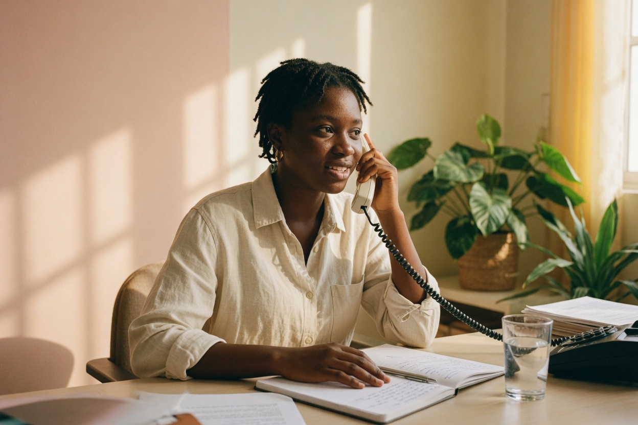 A woman taking a call at a sunlit desk