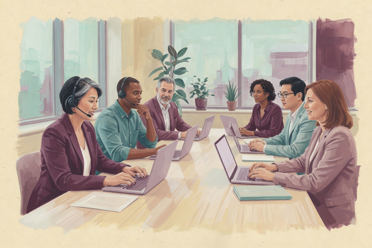 Illustration of an established sales team around a long table