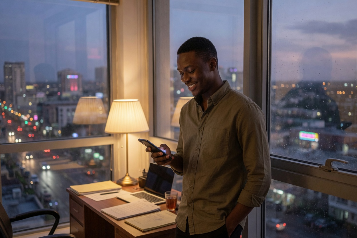 A man by a window in the evening, phone in hand