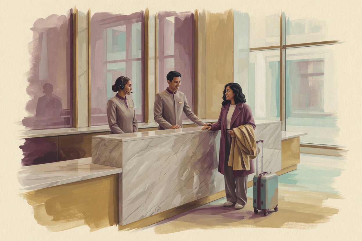 Illustration of a hotel lobby desk with staff and a guest