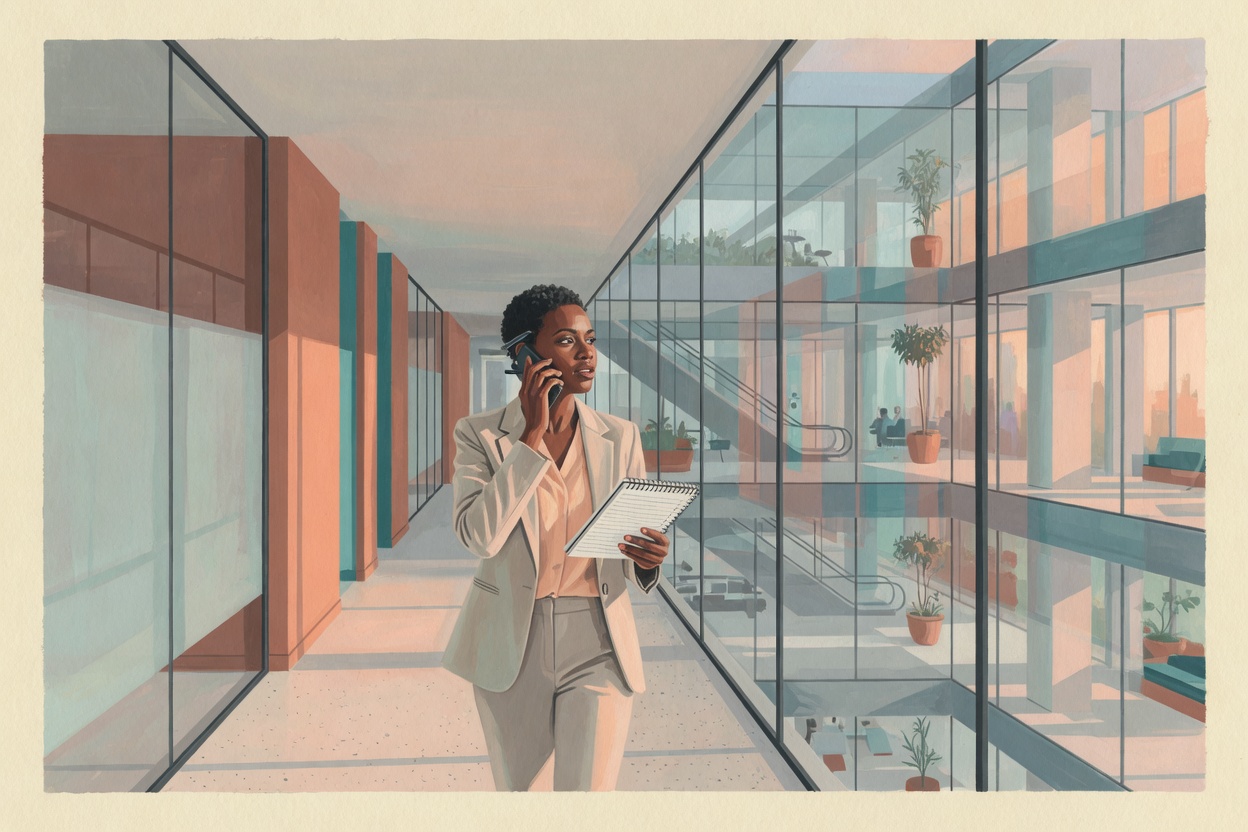 Illustration of a sales lead on a call in a glass office corridor