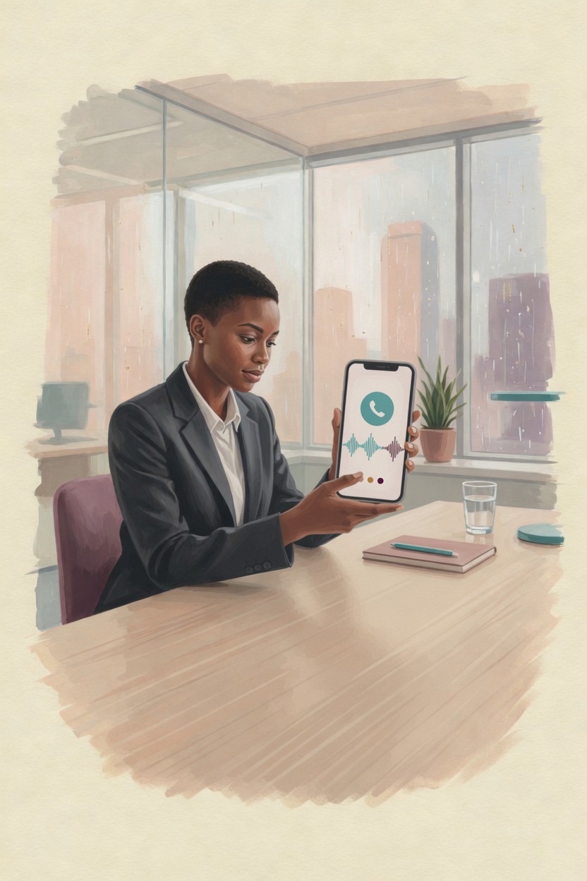 Illustration of a mobile softphone in a glass office
