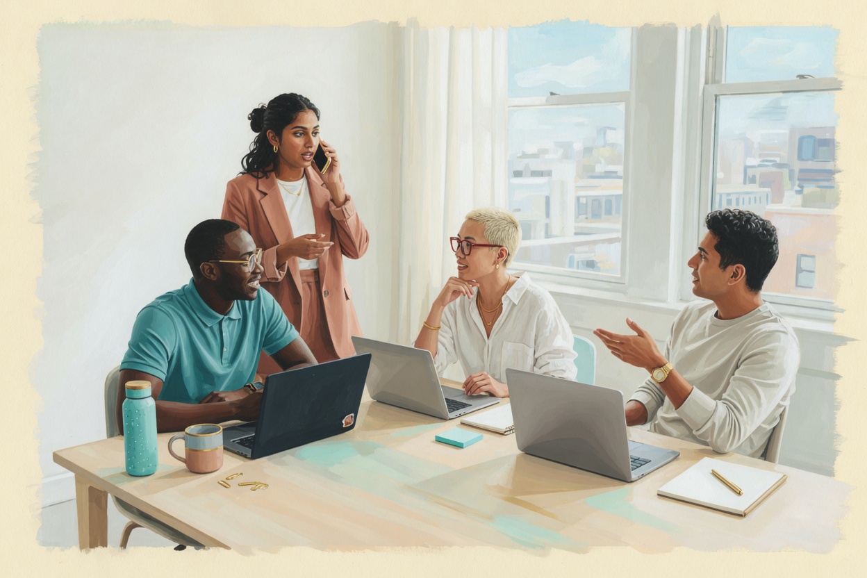 Illustration of a startup team around a table in a bright office