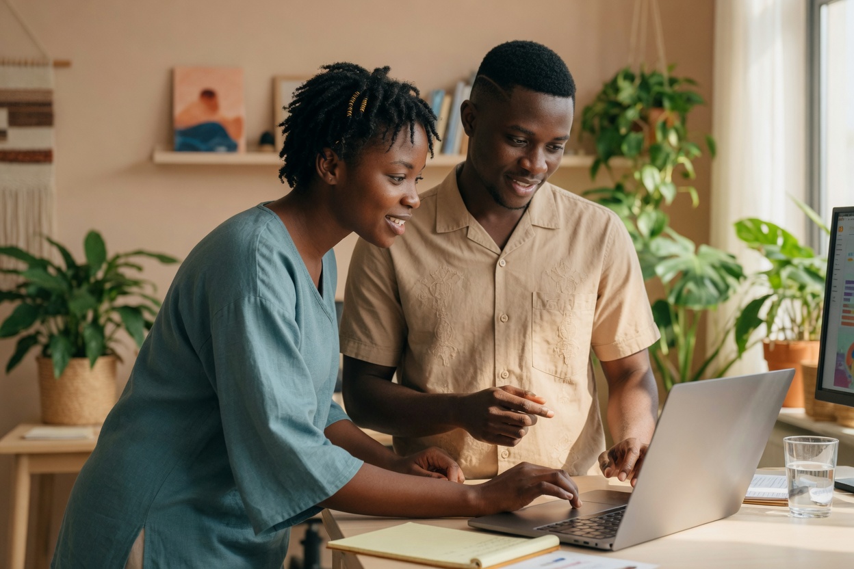 Two colleagues looking at one laptop together